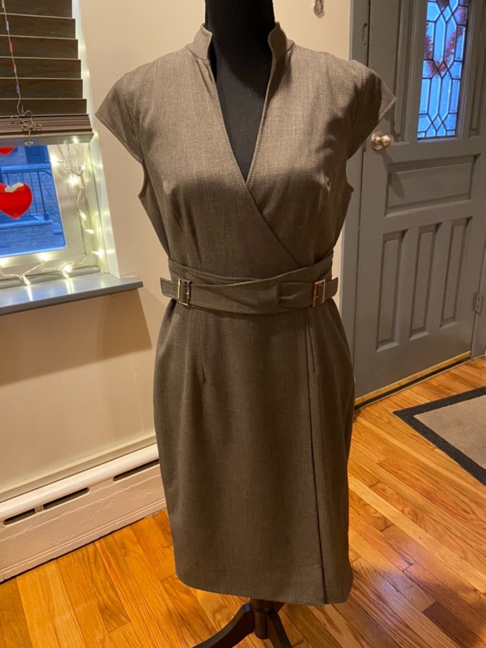 Calvin Klein Olive Wrap Sheath Dress with Belted Waist